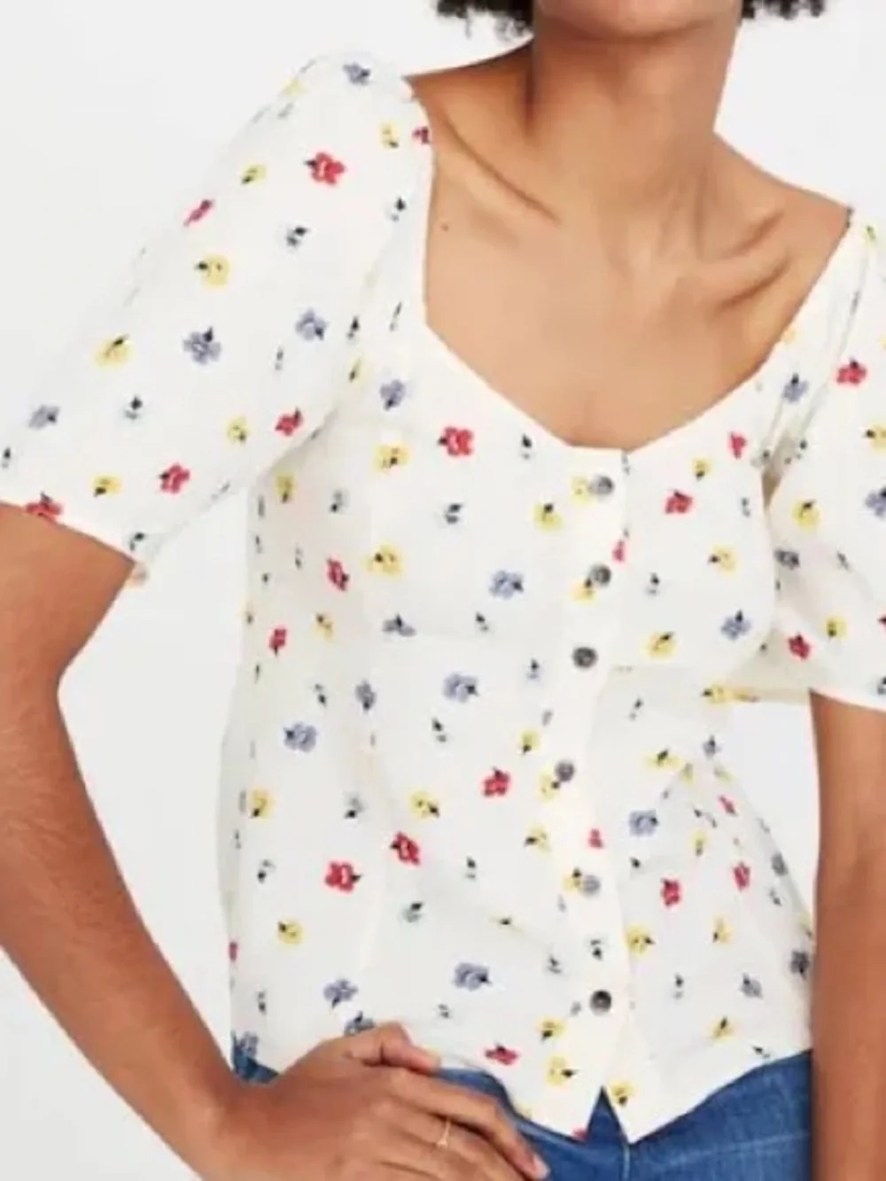 Madewell White Yellow Red Floral Scoop-Neck Button Front Top
